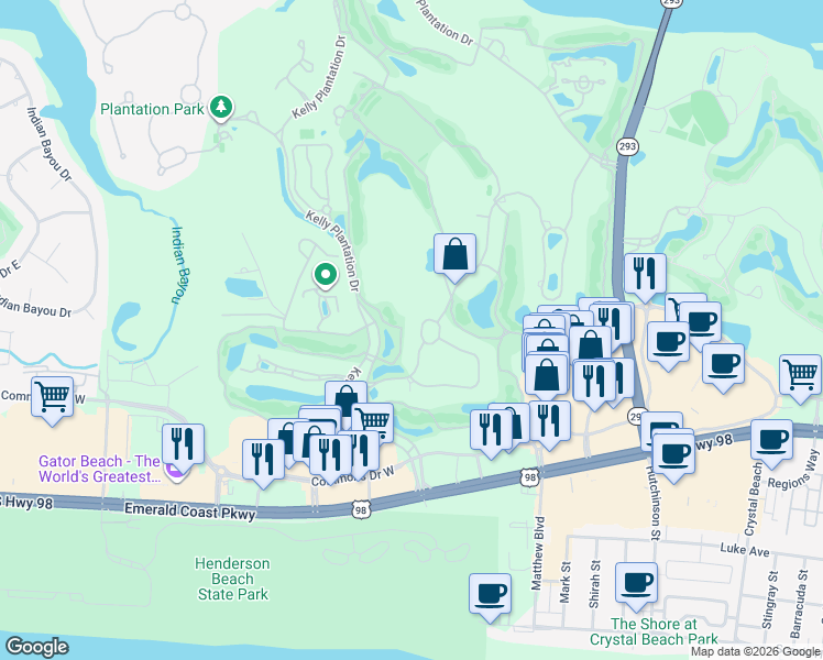 map of restaurants, bars, coffee shops, grocery stores, and more near 4335 Stonebridge Road in Destin