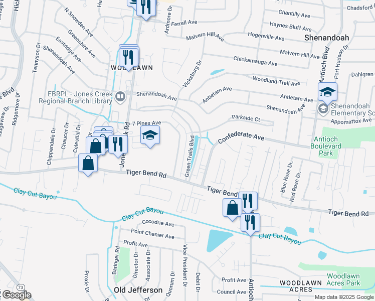 map of restaurants, bars, coffee shops, grocery stores, and more near 15504 Green Trails Boulevard in Baton Rouge