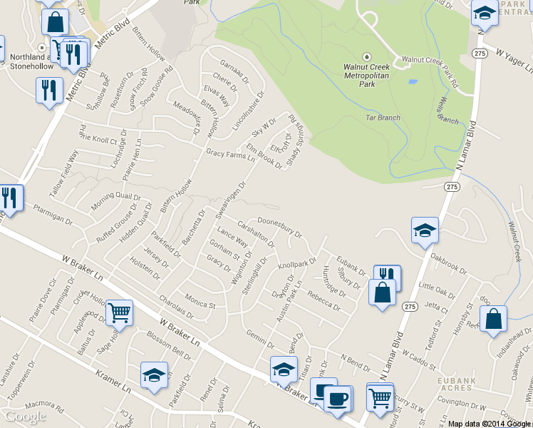 map of restaurants, bars, coffee shops, grocery stores, and more near 1308 Doonesbury Drive in Austin
