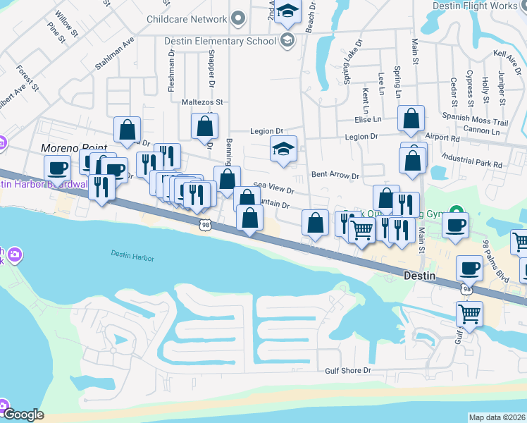 map of restaurants, bars, coffee shops, grocery stores, and more near 602 Sea View Cir in Destin