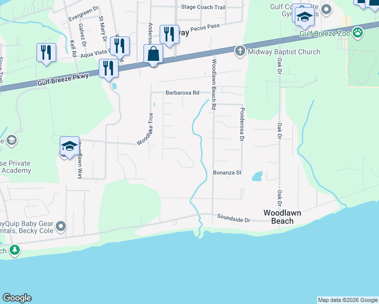 map of restaurants, bars, coffee shops, grocery stores, and more near 5386 Longhorn Trail in Gulf Breeze