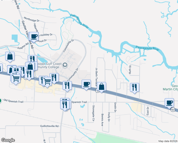 map of restaurants, bars, coffee shops, grocery stores, and more near 3615 Shamrock Court in Gautier