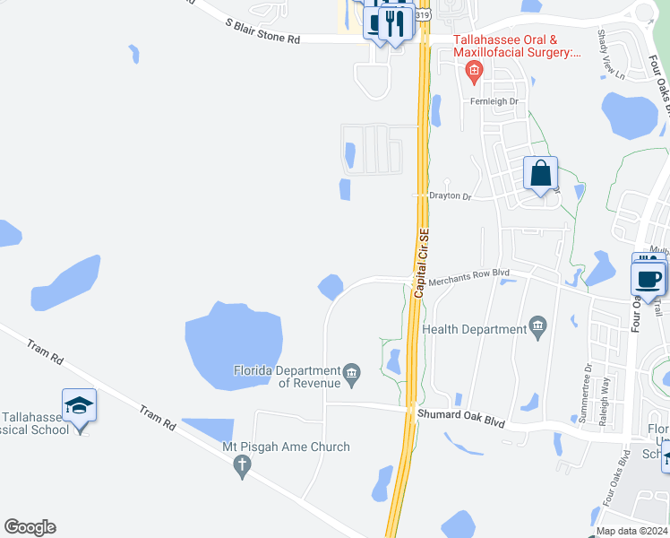 map of restaurants, bars, coffee shops, grocery stores, and more near 0 Merchants Row Boulevard Ste in Tallahassee