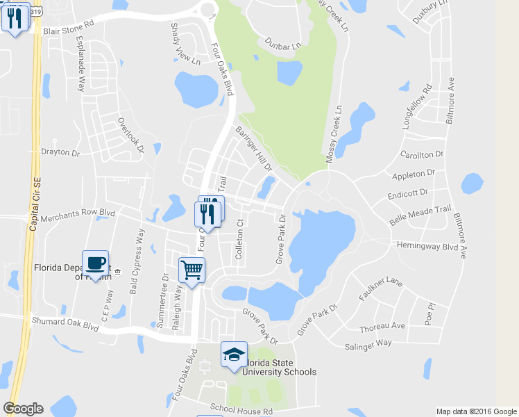 map of restaurants, bars, coffee shops, grocery stores, and more near 3185 Mulberry Park Boulevard in Tallahassee