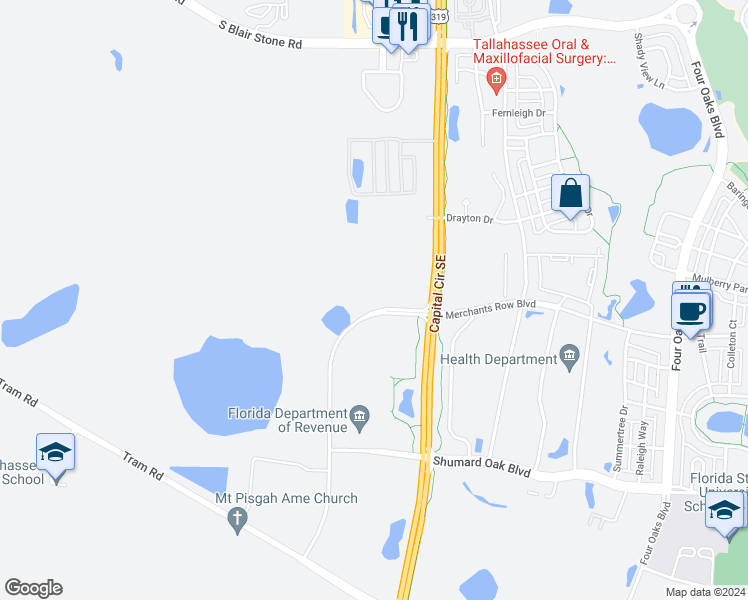 map of restaurants, bars, coffee shops, grocery stores, and more near 0 Merchants Row Boulevard Ste in Tallahassee