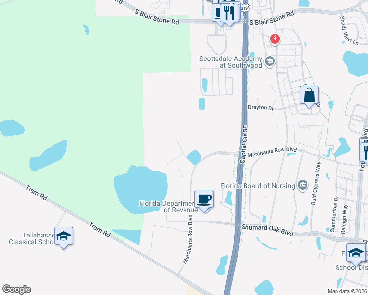map of restaurants, bars, coffee shops, grocery stores, and more near 0 Merchants Row Boulevard Ste in Tallahassee