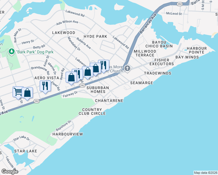 map of restaurants, bars, coffee shops, grocery stores, and more near 630 Bayshore Drive in Pensacola
