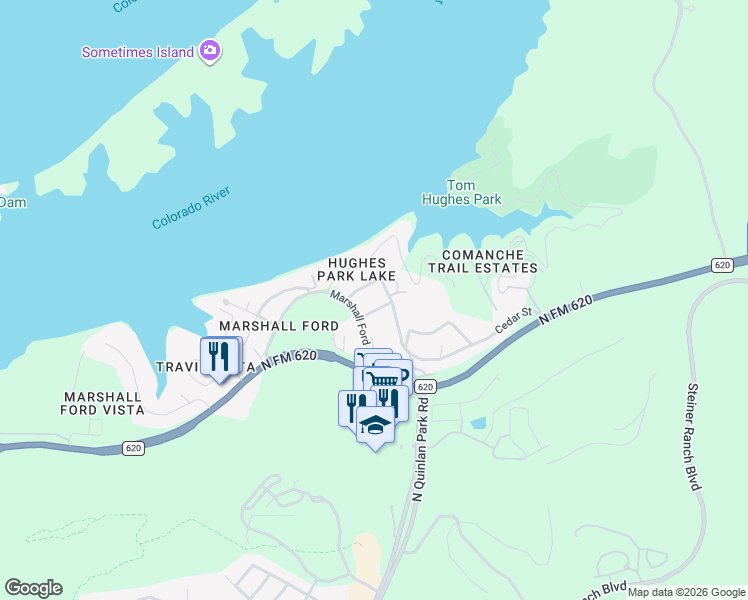 map of restaurants, bars, coffee shops, grocery stores, and more near 12713 Cedar Street in Austin