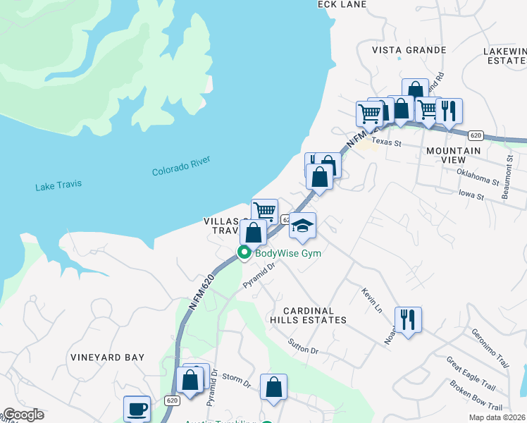 map of restaurants, bars, coffee shops, grocery stores, and more near 2918 Ranch Road 620 North in Austin