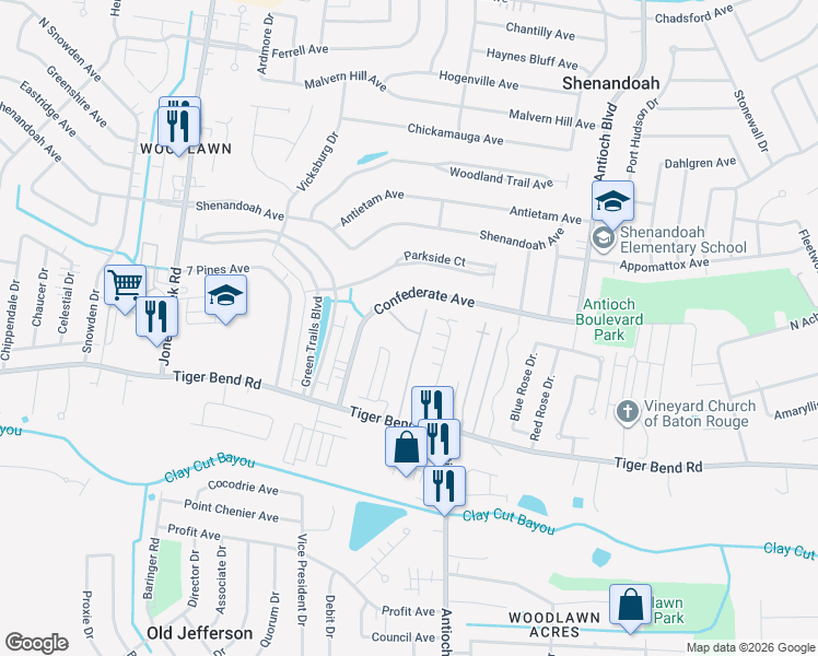 map of restaurants, bars, coffee shops, grocery stores, and more near 15899 New Market Drive in Baton Rouge