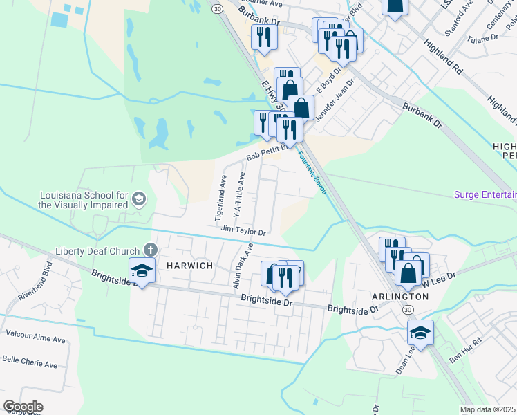 map of restaurants, bars, coffee shops, grocery stores, and more near 4637 Alvin Dark Avenue in Baton Rouge