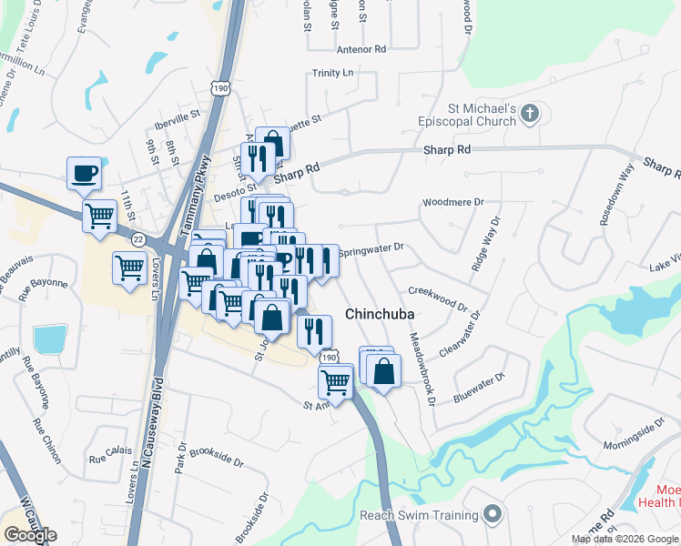 map of restaurants, bars, coffee shops, grocery stores, and more near 1183 Springwater Dr in Mandeville