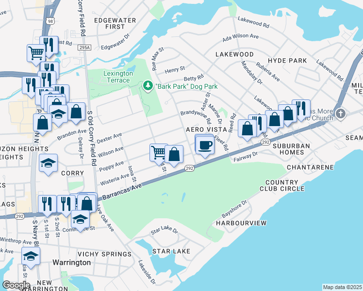 map of restaurants, bars, coffee shops, grocery stores, and more near 1207 Poppy Avenue in Pensacola