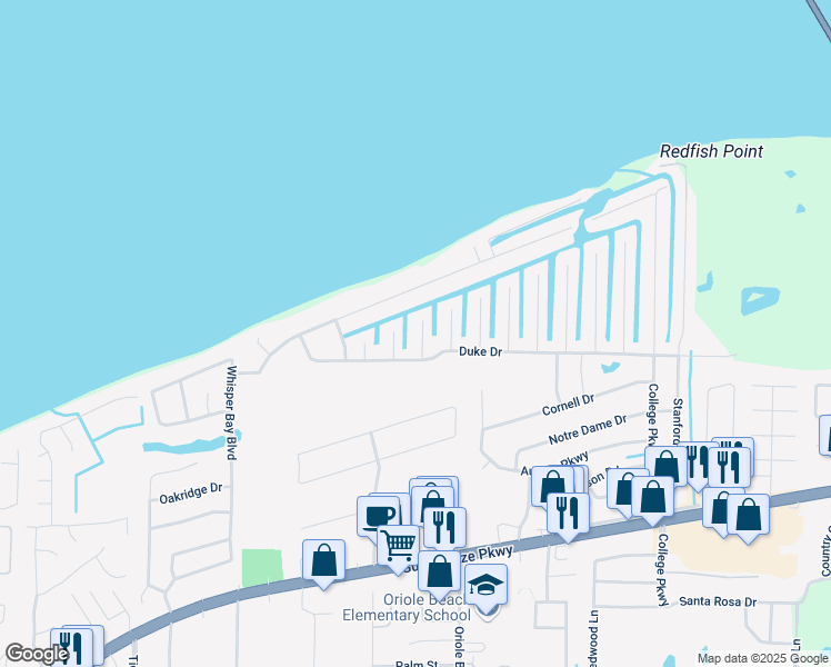 map of restaurants, bars, coffee shops, grocery stores, and more near 1604 Guam Lane in Gulf Breeze