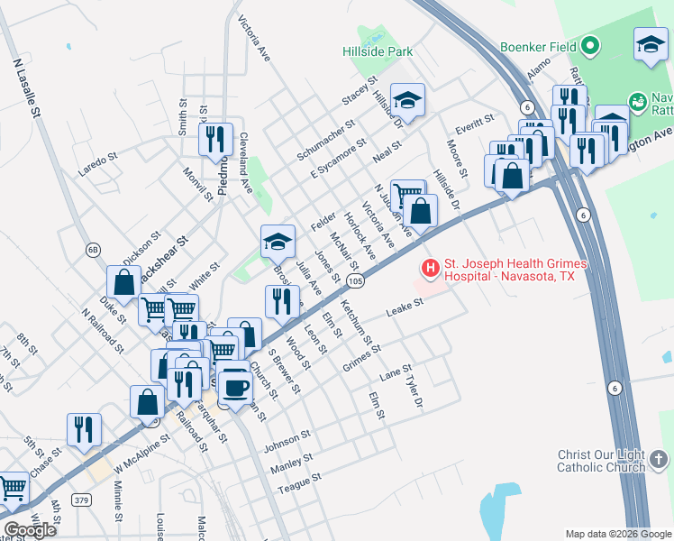 map of restaurants, bars, coffee shops, grocery stores, and more near 207 Jones Street in Navasota
