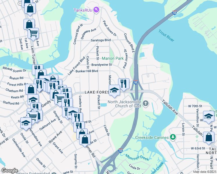 map of restaurants, bars, coffee shops, grocery stores, and more near 7828 Marion Street in Jacksonville