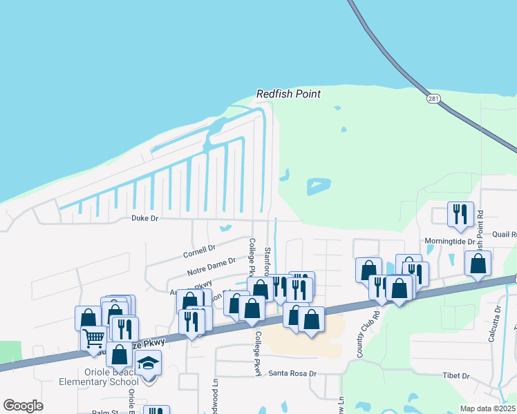 map of restaurants, bars, coffee shops, grocery stores, and more near 1610 College Parkway in Gulf Breeze