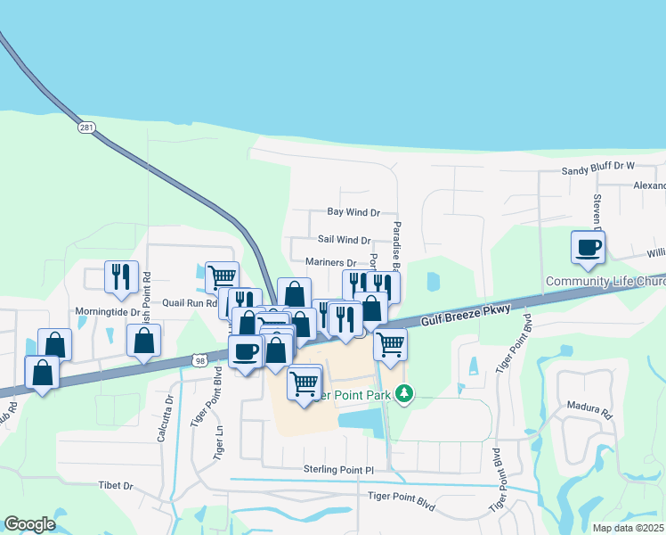 map of restaurants, bars, coffee shops, grocery stores, and more near 3869 Mariners Drive in Gulf Breeze
