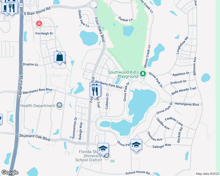 map of restaurants, bars, coffee shops, grocery stores, and more near 3153 Mulberry Park Boulevard in Tallahassee