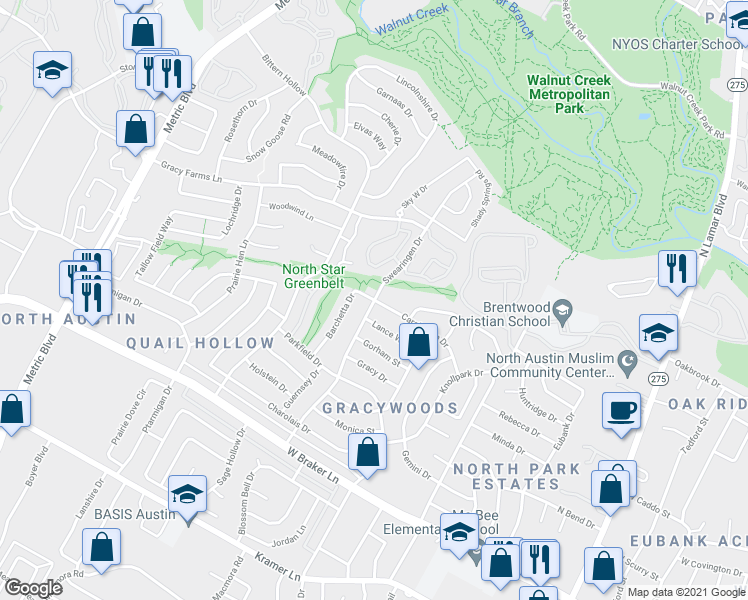 map of restaurants, bars, coffee shops, grocery stores, and more near Swearingen Drive in Austin