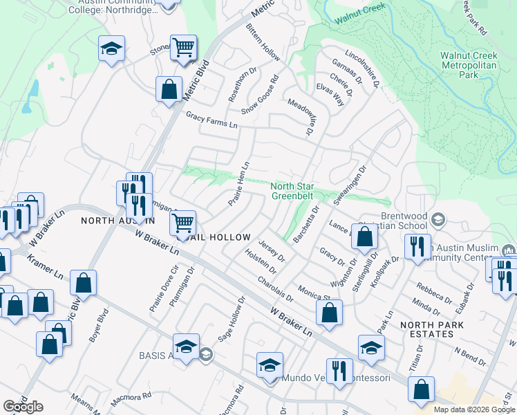 map of restaurants, bars, coffee shops, grocery stores, and more near 11700 Hidden Quail Drive in Austin
