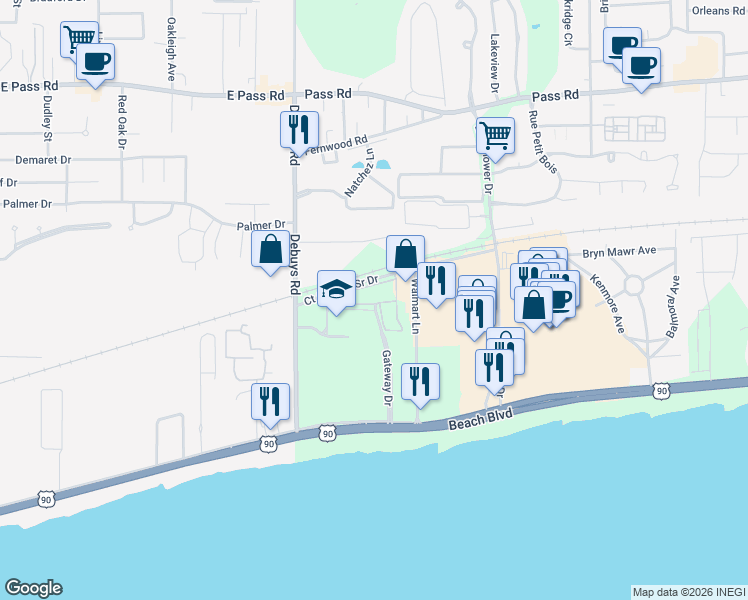 map of restaurants, bars, coffee shops, grocery stores, and more near 190 Gateway Drive in Biloxi