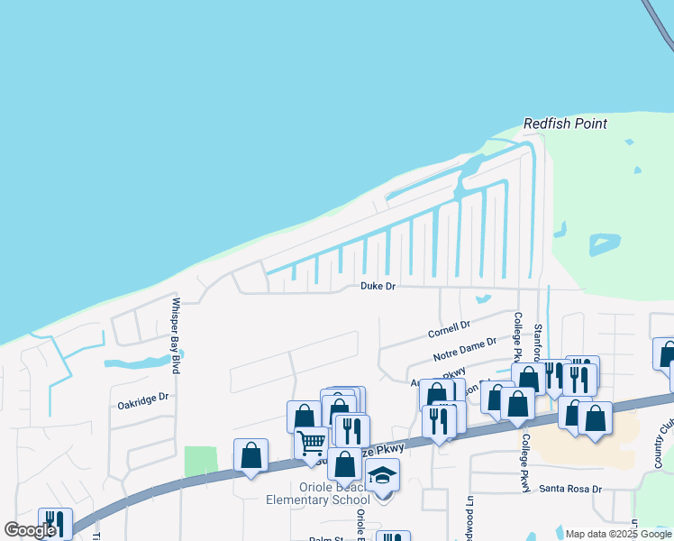 map of restaurants, bars, coffee shops, grocery stores, and more near 1604 Guam Lane in Gulf Breeze