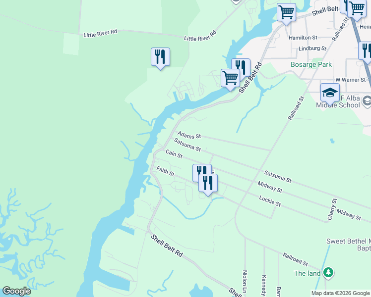 map of restaurants, bars, coffee shops, grocery stores, and more near 9361 Satsuma Street in Coden