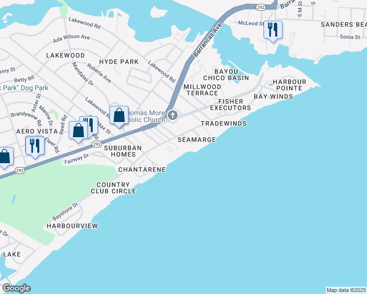 map of restaurants, bars, coffee shops, grocery stores, and more near 603 Bayshore Drive in Pensacola