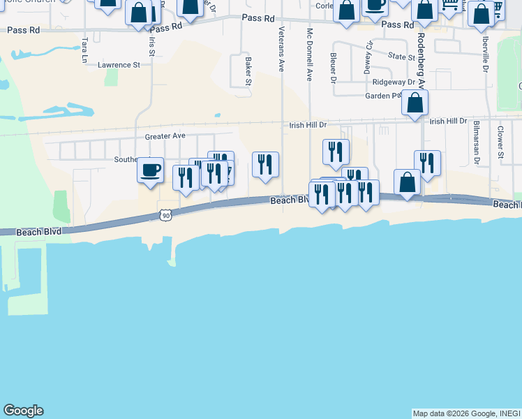 map of restaurants, bars, coffee shops, grocery stores, and more near 1851 Beach Boulevard in Biloxi