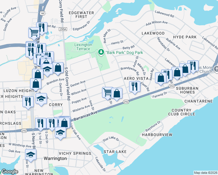 map of restaurants, bars, coffee shops, grocery stores, and more near 1222 Poppy Avenue in Pensacola