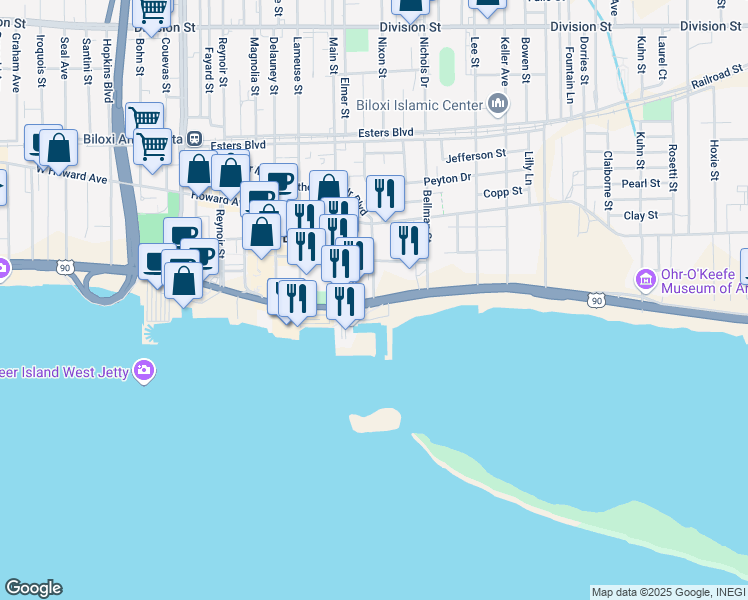 map of restaurants, bars, coffee shops, grocery stores, and more near 101 Dukate Street in Biloxi