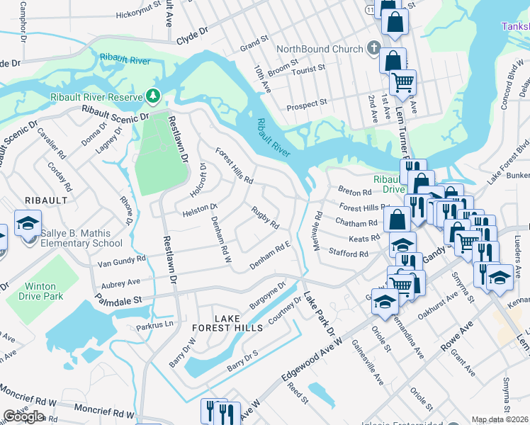 map of restaurants, bars, coffee shops, grocery stores, and more near 1931 Rugby Road in Jacksonville