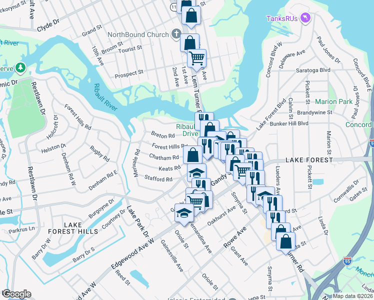 map of restaurants, bars, coffee shops, grocery stores, and more near 1426 Forest Hills Road in Jacksonville