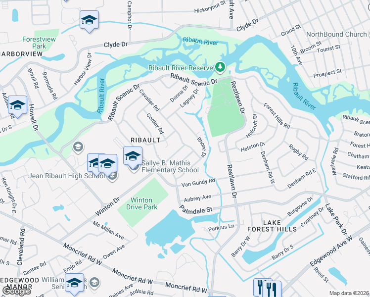 map of restaurants, bars, coffee shops, grocery stores, and more near 3117 Winton Drive in Jacksonville