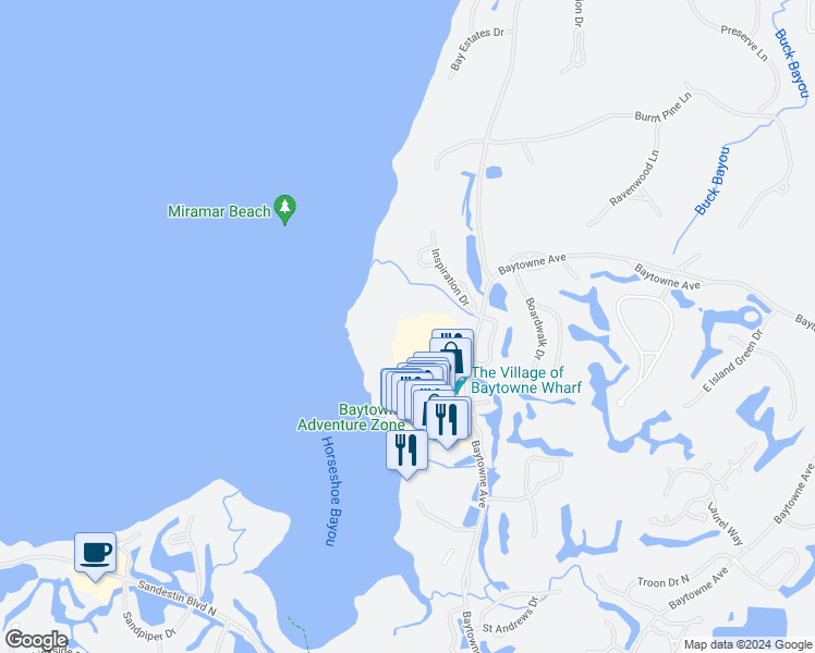 map of restaurants, bars, coffee shops, grocery stores, and more near 9700 Grand Sandestin Boulevard in Miramar Beach