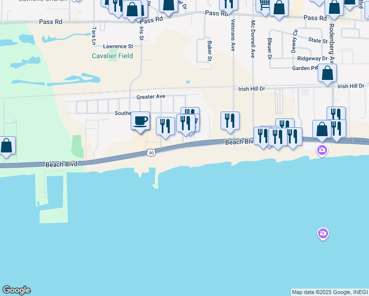 map of restaurants, bars, coffee shops, grocery stores, and more near 1899 Beach Boulevard in Biloxi