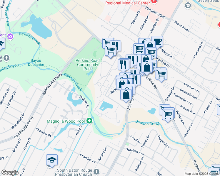 map of restaurants, bars, coffee shops, grocery stores, and more near 1829 Southpointe Drive in Baton Rouge