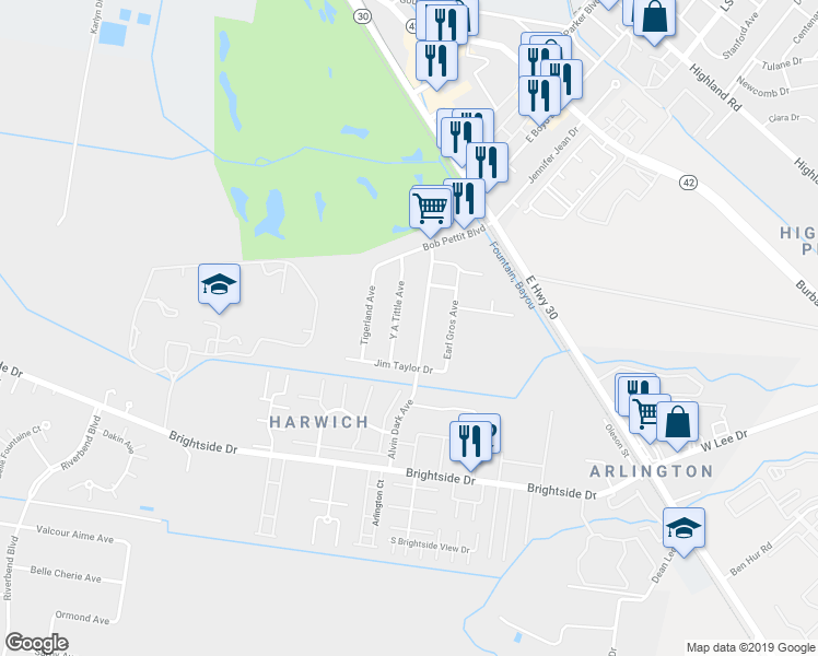 map of restaurants, bars, coffee shops, grocery stores, and more near 4639 Tigerland Avenue in Baton Rouge