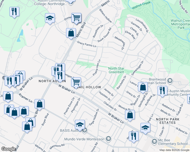 map of restaurants, bars, coffee shops, grocery stores, and more near 11615 Prairie Hen Lane in Austin