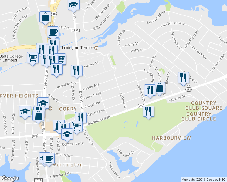 map of restaurants, bars, coffee shops, grocery stores, and more near 1307 Wilson Avenue in Pensacola