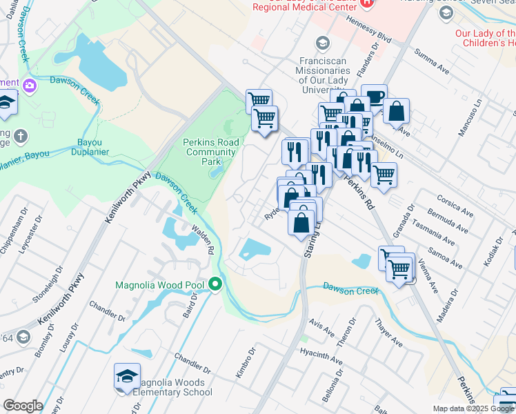 map of restaurants, bars, coffee shops, grocery stores, and more near 1829 Southpointe Drive in Baton Rouge