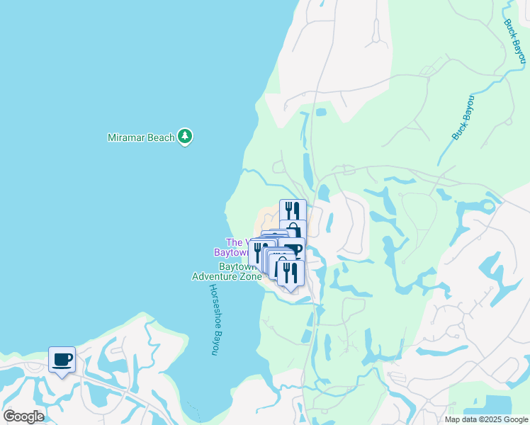 map of restaurants, bars, coffee shops, grocery stores, and more near 9700 Grand Sandestin Boulevard in Miramar Beach