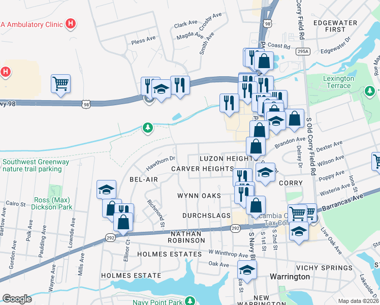 map of restaurants, bars, coffee shops, grocery stores, and more near 38a North Carver Drive in Pensacola