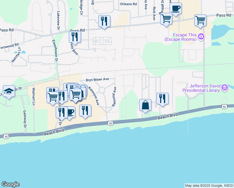 map of restaurants, bars, coffee shops, grocery stores, and more near 154 Balmoral Avenue in Biloxi