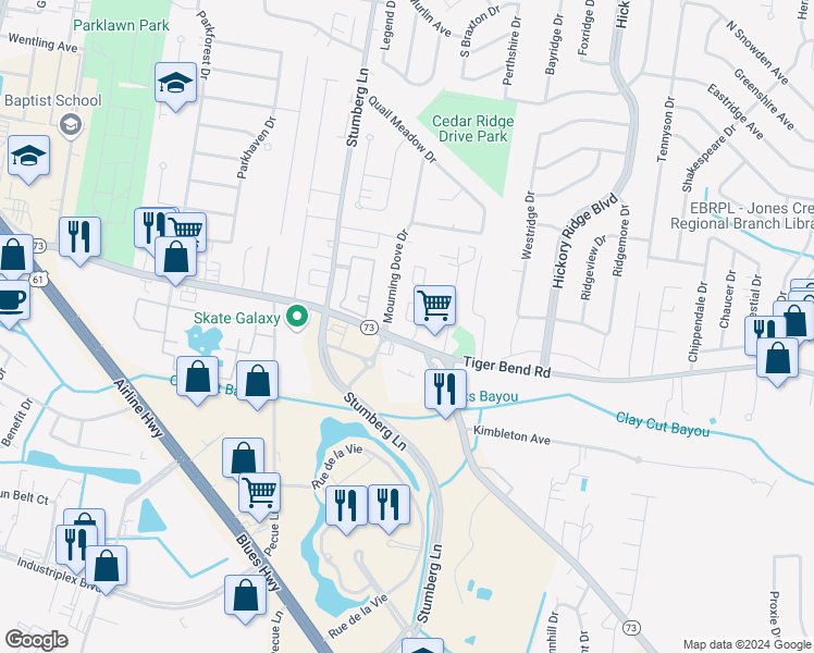 map of restaurants, bars, coffee shops, grocery stores, and more near 13320 Prath Drive in Baton Rouge