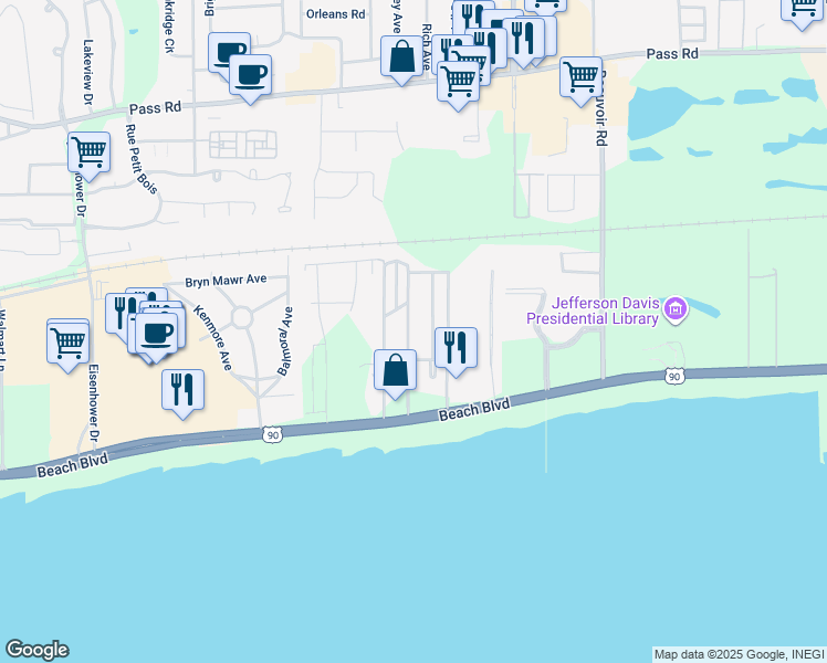 map of restaurants, bars, coffee shops, grocery stores, and more near 150 Pine Grove Avenue in Biloxi