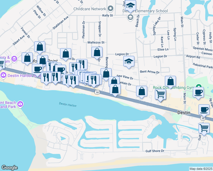 map of restaurants, bars, coffee shops, grocery stores, and more near 106 Benning Drive in Destin