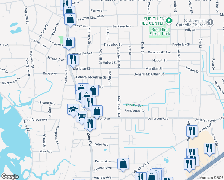map of restaurants, bars, coffee shops, grocery stores, and more near 3600 Mosby Street in Moss Point
