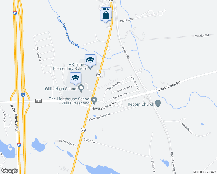 map of restaurants, bars, coffee shops, grocery stores, and more near 988 Oak Glen Drive in Willis